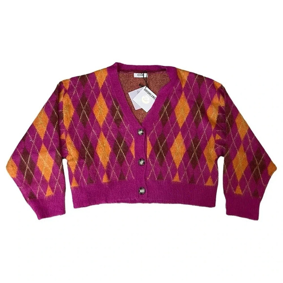 Daydreamer - Fuschia Sunset Argyle Cardigan slouchy cropped NWT - Picture 3 of 9